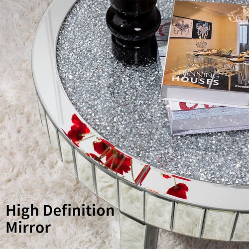 Glam Mirrored Coffee Table Round Silver Accent Table w/ Dazzling Diamonds Inlay - Picture 8 of 13
