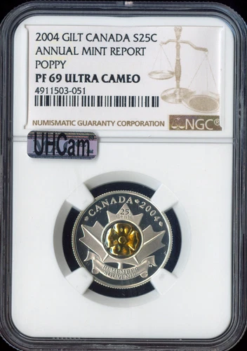 2004 Canada Silver / Gold Poppy 25 Cents NGC PF69 Ultra Cameo Quality