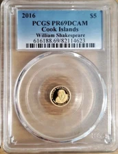 2016 PCGS PR69DCAM COOK ISLANDS WILLIAM SHAKESPEARE $5 GOLD (0.9999) COIN 0.5g