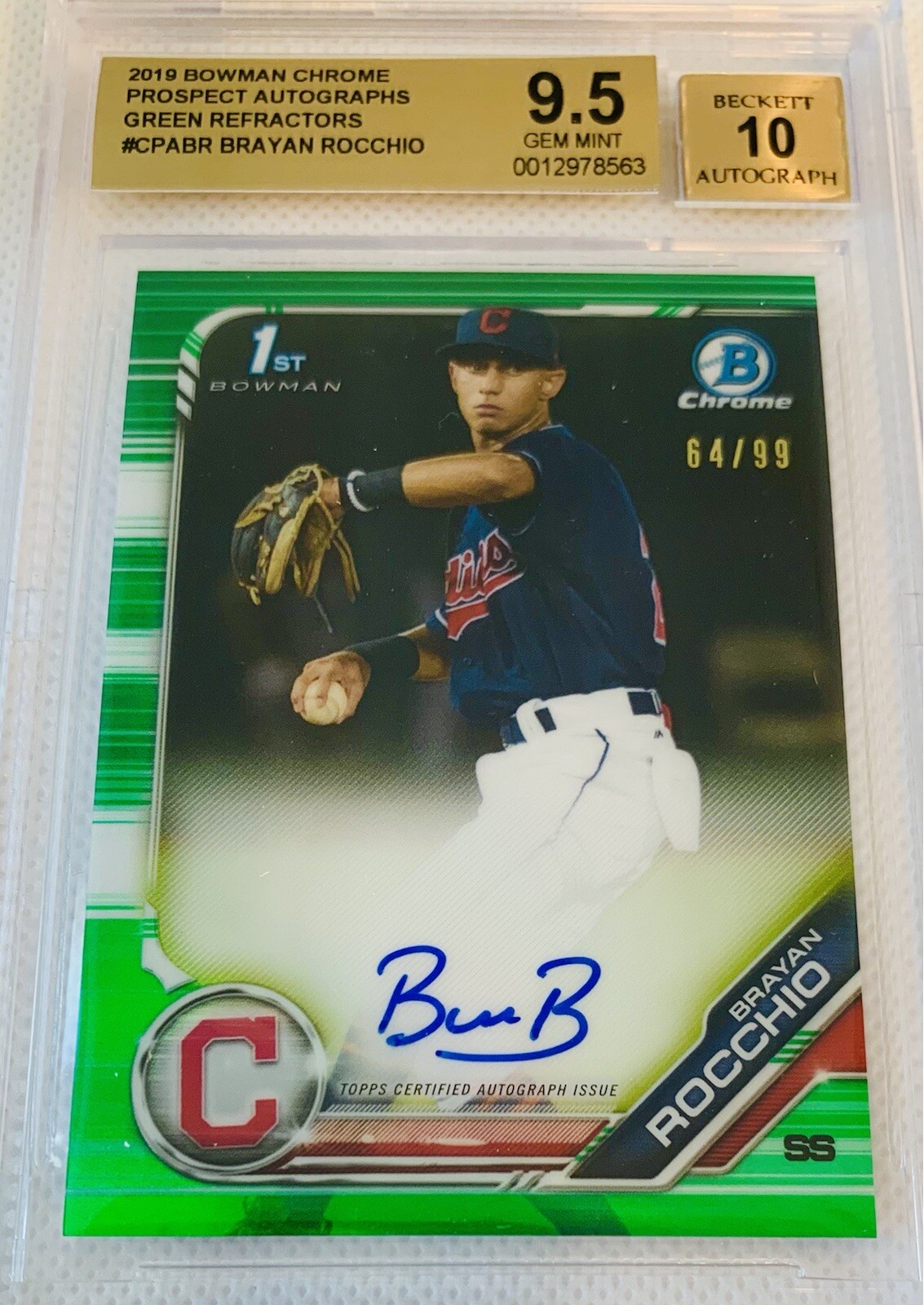 2019 Bowman Chrome Brayan Rocchio 1st Bowman Auto Green #/99 💎 BGS 9.5/10 📈 Up