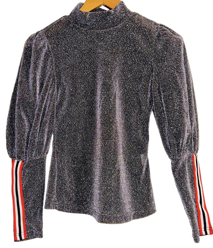 Silver Metallic Long Sleeve Puff Sleeve Striped Top XS NWOT Chrome