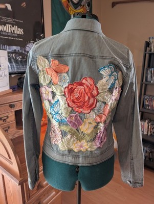 Upcycled Pinstripe Floral Jacket With Hand Placed Rhinestones Size Small