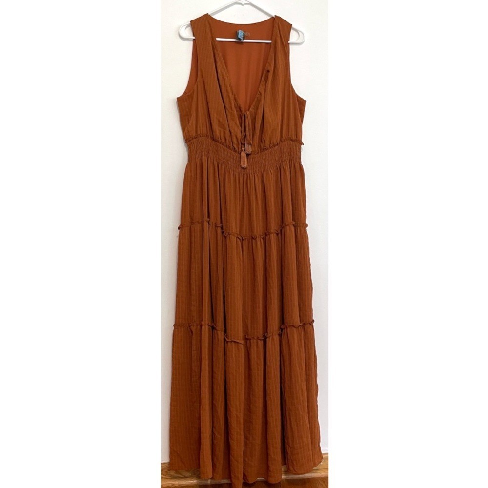 TAYLOR Smocked Ruffle Maxi Dress Burnt Orange Tassel Tiered Sleeveless Boho  XL | eBay