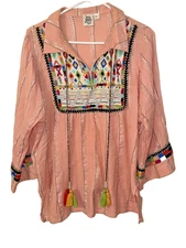 Ivy Jane Peach Silver Thread Embroidered Tassels Blouse Size Large (flaw)
