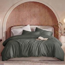 Cozaline 100 Washed Cotton Duvet Cover King Size   Olive Green, Linen-Like Text