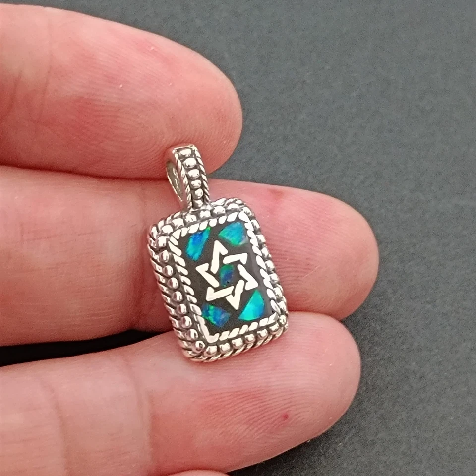 Collar Hombre Srat of David Ópalo Plata 925 Platino Retro Rectángulo Calidad Regalo Foto 2 de 4