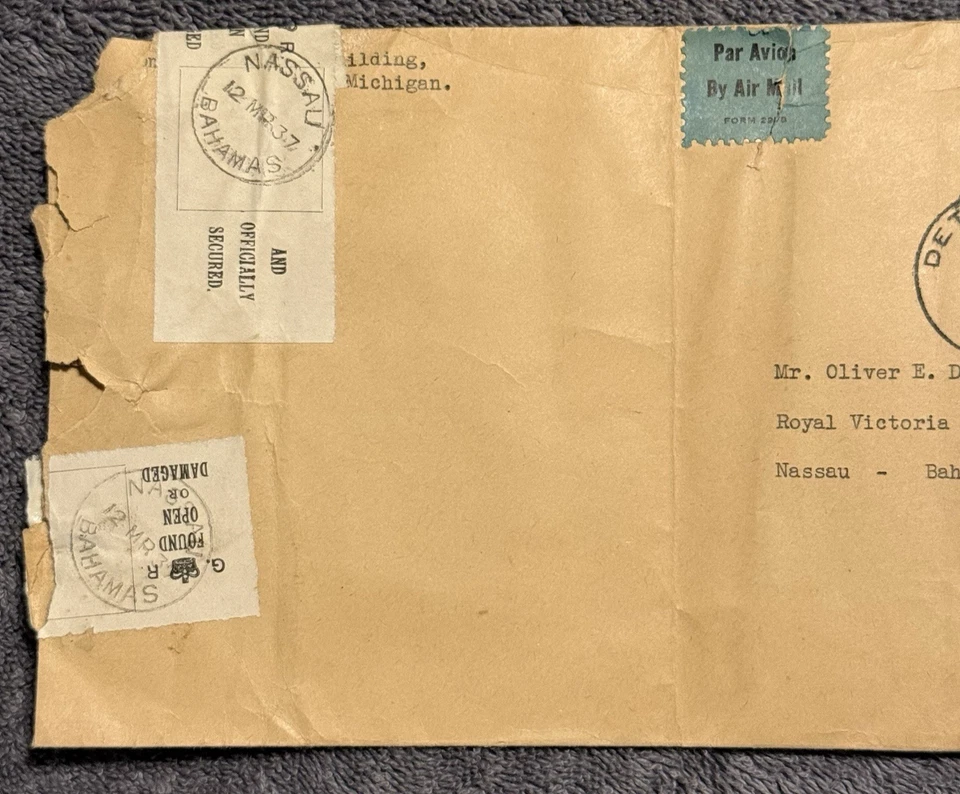 1931 Detroit to Nassau Bahamas Airmail Cover Letter Damaged Resealed - Image 4 of 4