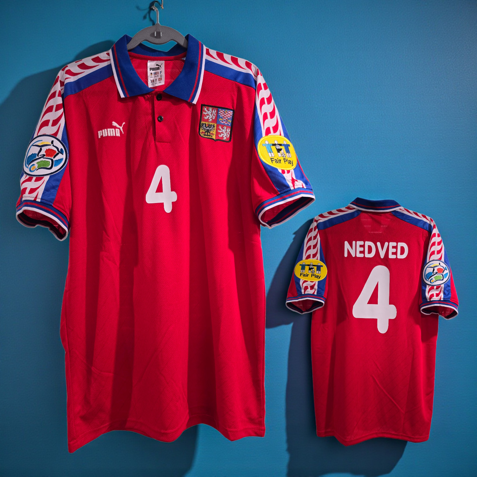 CZECH REPUBL Home EURO CUP 1996  - Retro Jersey - NEDVED # 4 - 2XL (Run Small)