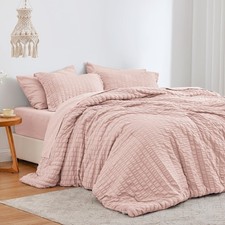 Seersucker Pink Twin Comforter Set 5 Pieces, All Season Bedding Set, Twin Bed...