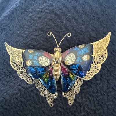 Beautiful Brooch Pin Butterfly Gold Tone Colorful Enamel Filigree 2 3/4 x 2''