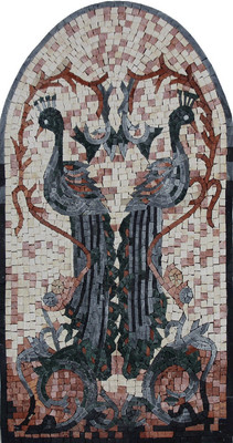Two Peacocks Long Tail Arched Marble Mosaic
