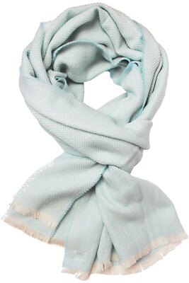  Woven Scarf 100% Wool (Merino) Herringbone Natural Light Blue Mens Womens Unisex