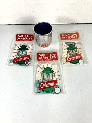 VINTAGE ALUMINUM COLEMAN No. 0 FILTER FUNNEL & 3 LANTERN MANTLES ~ NOS LOT
