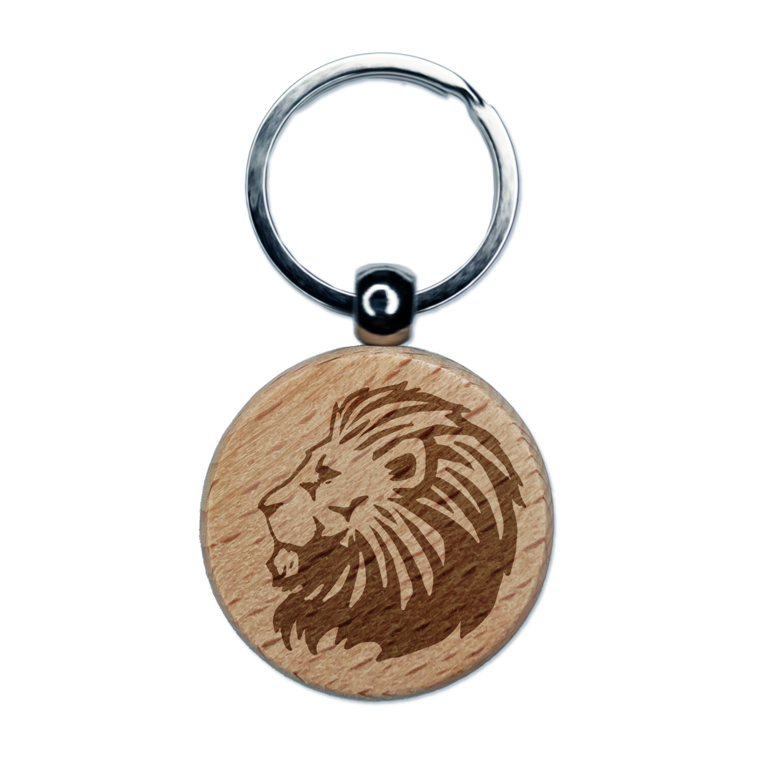 Regal Maned Lion Head Side Profile Engraved Wood Round Keychain Tag Charm