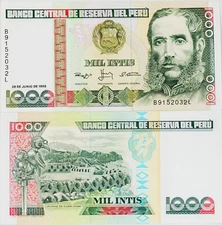 PERU #136b 1988 UNC MINT OLD 1000 INTIS BANKNOTE PAPER MONEY CURRENCY BILL NOTE