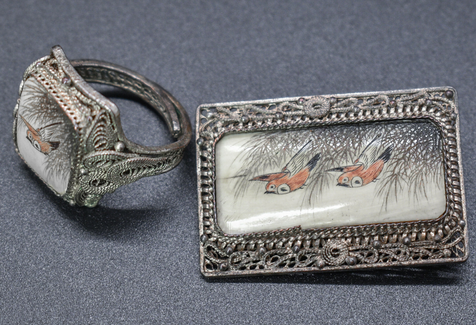 Antique Chinese Export Silver-Tone Filigree Ring & Brooch Pin Set w Birds Bardzo popularne