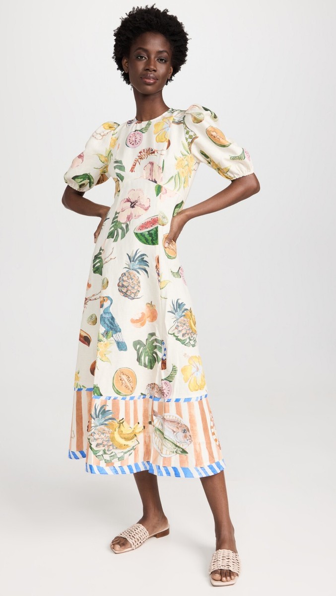 NWT Alemais Theo Midi Linen Cotton Dress US0/AU4 Fruit