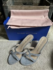 STUART WEITZMAN "Soiree Sleek 75" silver glitter stiletto heel sandals - 8 B