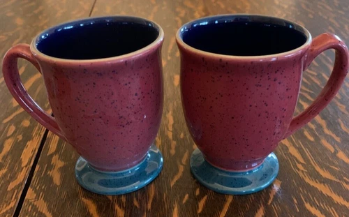 Denby Harlequin X 2 Stoneware Footed Pedestal Mugs Red Speckled Blue