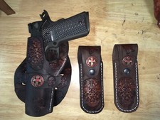 Handmade Leather LH Cross Draw Holster 2 mag pouches 1911 Custom Carving
