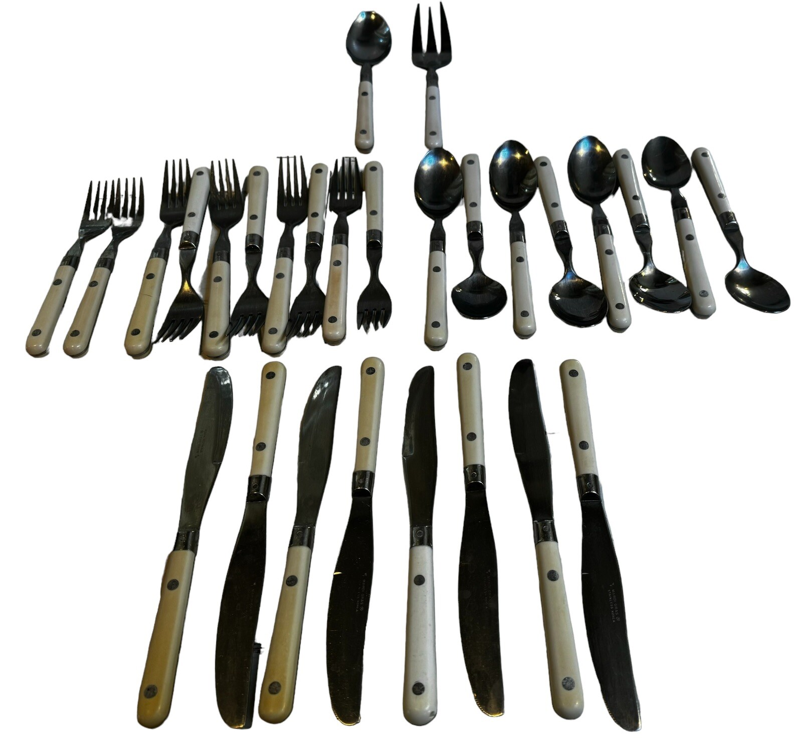 Vintage WF Washington Forge MARDI GRAS White Handle Stainless Flatware 28 Pieces