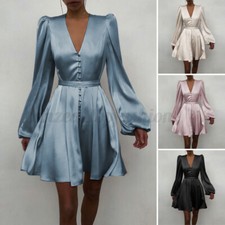Womens Puff Sleeve V Neck Silky Satin Mini Shirt Dress Evening Party Dresses US