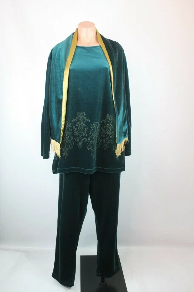 DVF DE COLECCIÓN Diane Von Furstenberg 3 piezas Pantalón Traje Bufanda Túnica Terciopelo Verde talla L Foto 3 de 4
