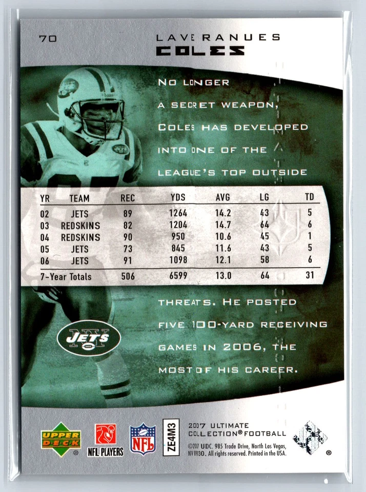 2007 Upper Deck Ultimate Collection  #70 Laveranues Coles Jets /400 - Image 2 of 2