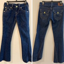 WOMENS TRUE RELIGION DARK WASH LOW RISE FLARE JEANS BUTTON FLAP POCKETS, SIZE 27