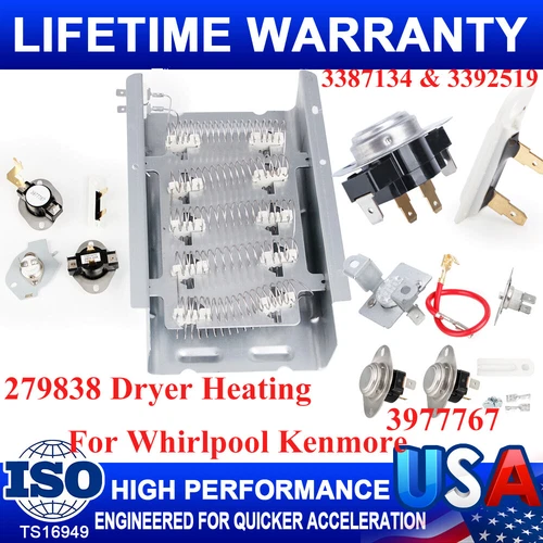 279838 Dryer Heating Assembly &3977767 Thermostat Thermal Fuse Kit fit Whirlpool