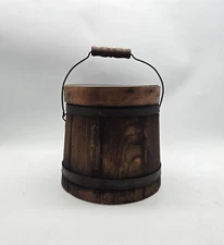 Antique Firkin Staved Wood Bucket Lid Sugar Bail Handle Bands Primitive Vtg Rare