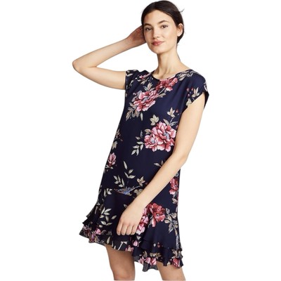 New Joie Women Large Navy Blue Floral Coreen drop waste ruffle dress