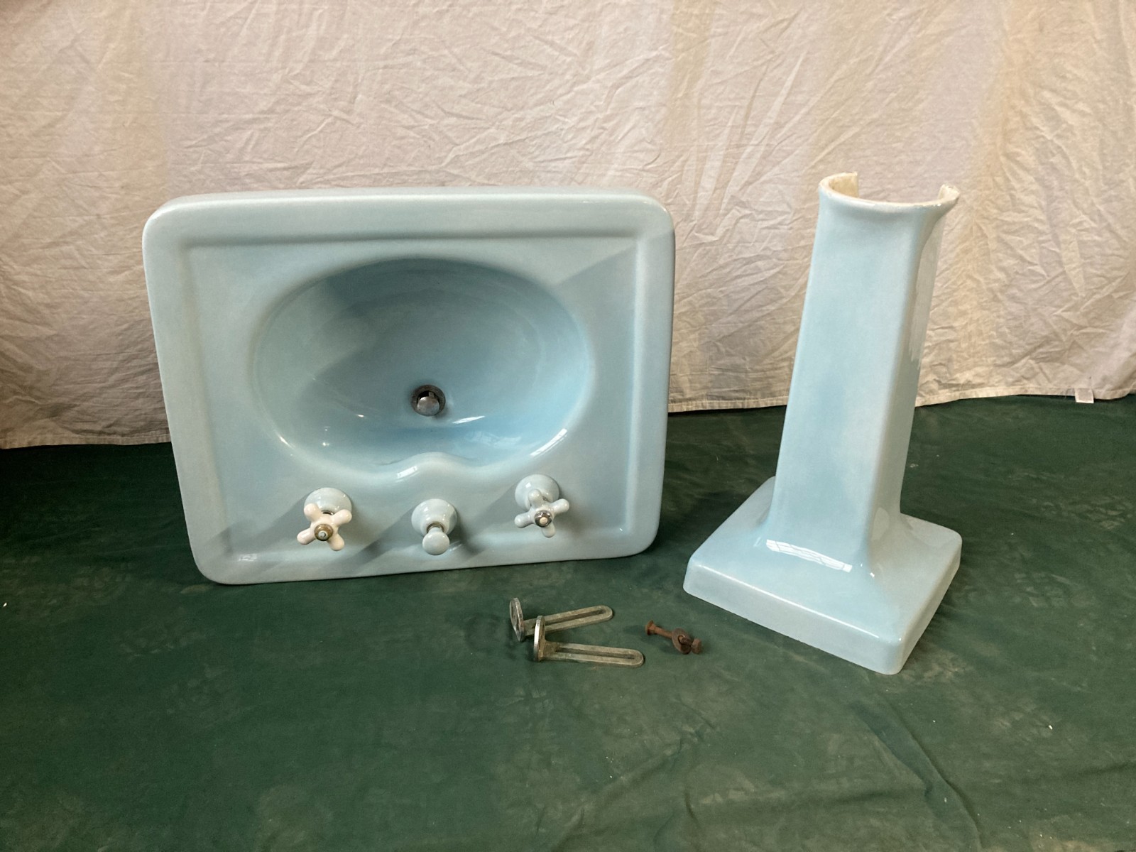 Antique 28x22 Light Blue Ceramic Pedestal Sink Old Vtg Standard 422-25E