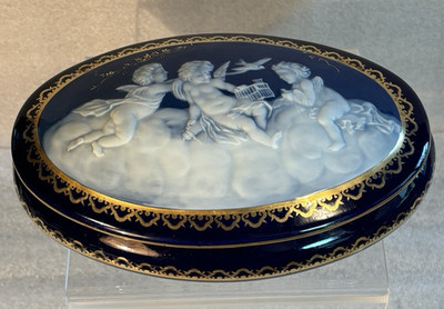 Camille Tharaud Limoges France Jewelry  Box Pate Sur Pate Raised 3 Cherubs Dove