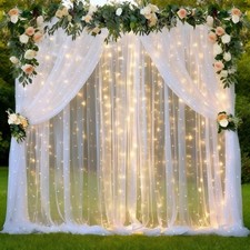 Pearl White Tulle Backdrop Curtain With String Lights Wedding Photo 10x10 FT