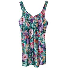Vintage CALIFORNIA DYNASTY Floral Print Satin Chemise Slip Size L Teal Womens