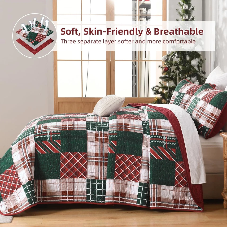 Christmas Quilt Set Queen Size, Xmas Red and Blue Plaid Patterns Bedspread Set Q - Image 3 of 4
