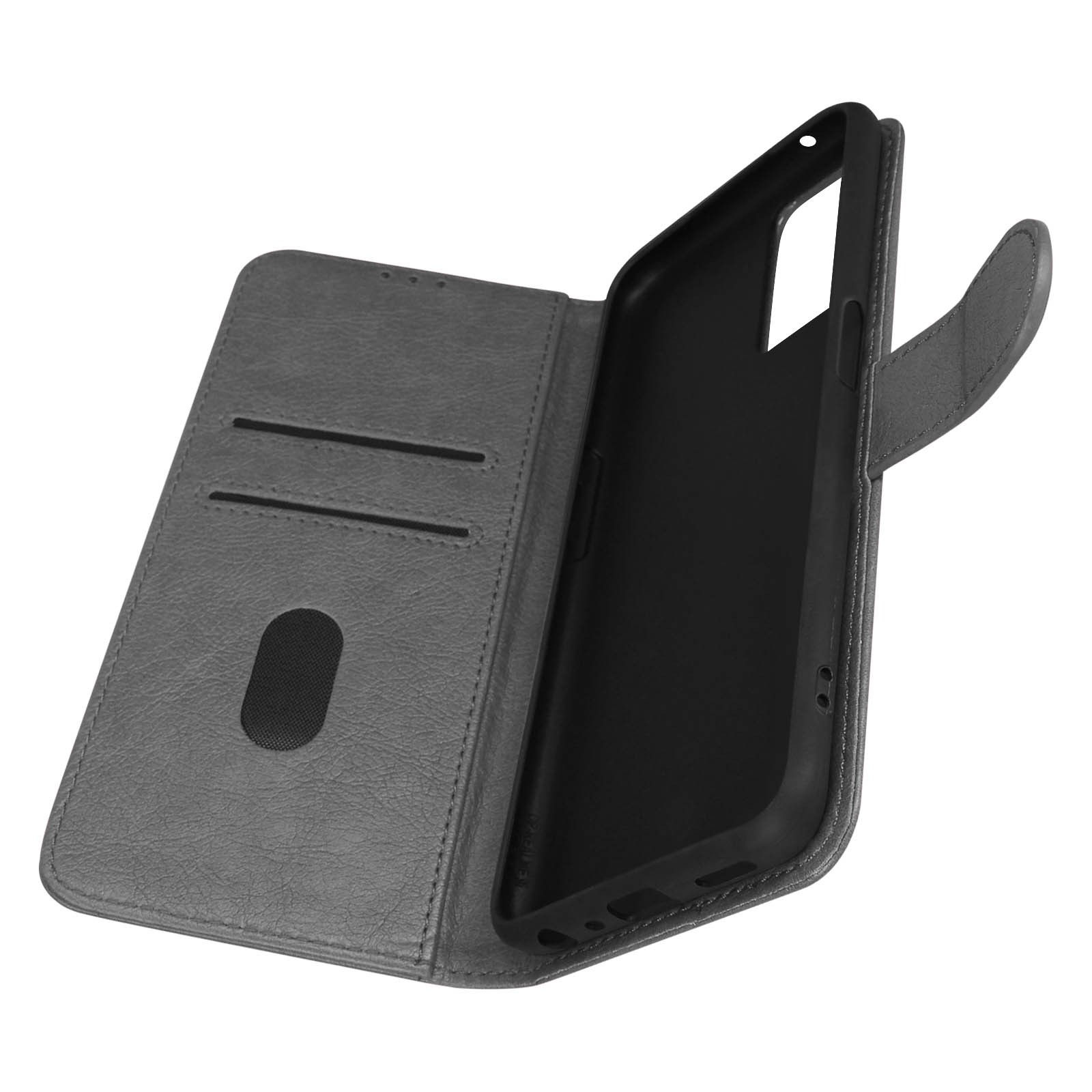 Coque Oppo A76 grise en similicuir élégant avec support visionnage