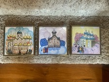 3 anciens carreaux de céramique soviétiques URSS peints à la main encadrés art populaire russe avec étiquettes