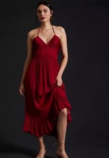 Anthropologie NWT Ruched Halter Midi Dress Satin Asymmetrical Hem Medium Wine