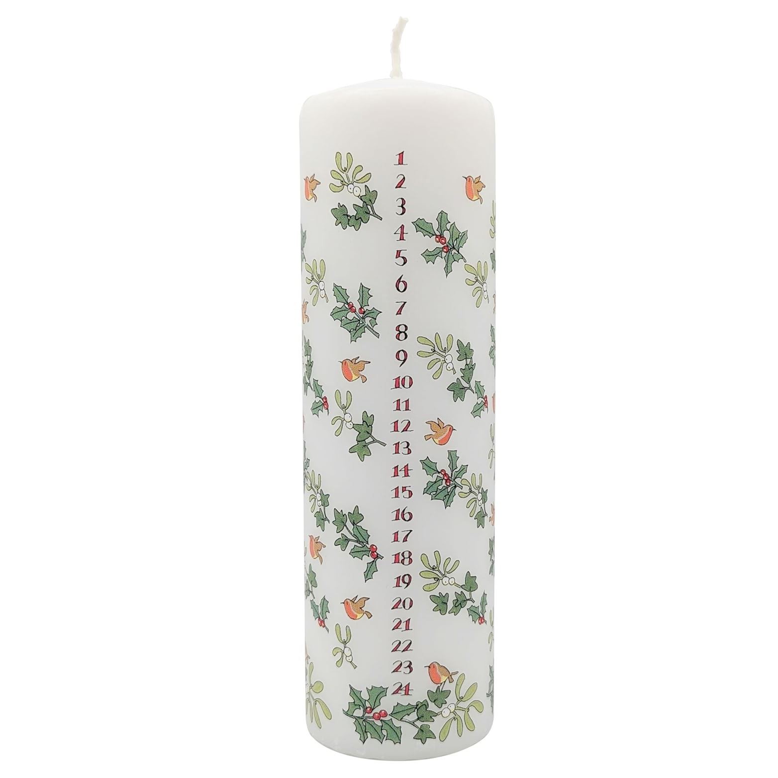 Alison Gardiner Holly & the Ivy Advent Pillar Candle, 70hr Burn, Unscented | Handmade in England large wax countdown candle with Holly and Ivy artwork; unscented mantel display; 70-hour burn. - Image 2