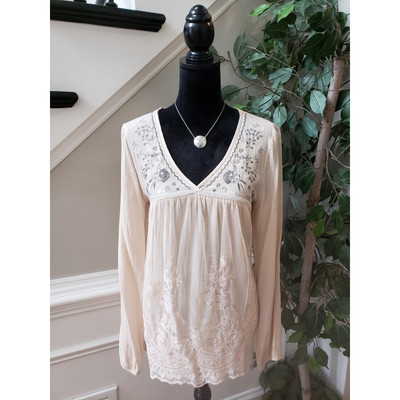 Jolt Top Blouse Women's XL Beige Floral Lace Overlay Rayon Long Sleeve V Neck