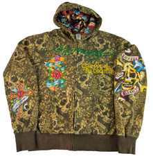 Vintage Y2K Ed Hardy Christian Audigier Zip Up Hoodie Skull Cross Rose AOP XL