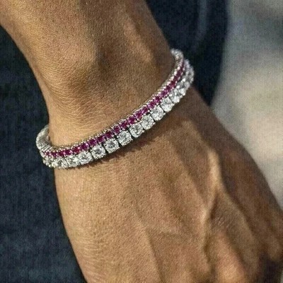 Men s Two Row 7CT Moissanite & Ruby Tennis Bracelet 14K White Gold Plated Gift