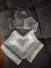Handmade Crochet Top and Shorts Set Gray White Women's Outfit