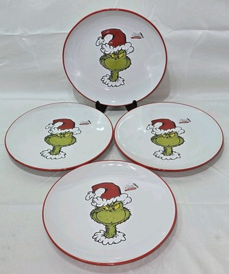 Set of 4 Dr Seuss How The Grinch Stole Christmas Santa Dinner Plates Red Rim New