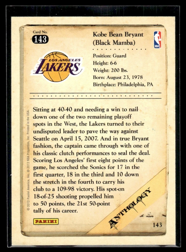 2012-13 Panini Kobe Anthology Kobe Bryant Los Angeles Lakers #143 - Image 2 of 2