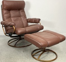 Vintage Mid Century Ekornes Stressless Recliner Ottoman Brown Leather on Brass
