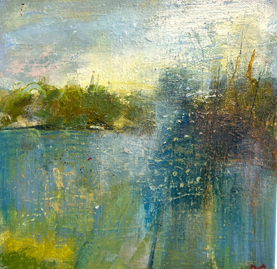 small landscape painting of a misty lake 8'' x 8''