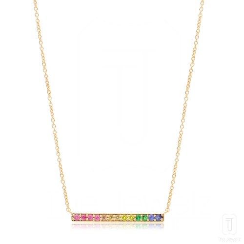 14K Gold 0.20 CT Multi Sapphire Gemstone Rainbow Bar Pendant Necklace - Picture 2 of 6